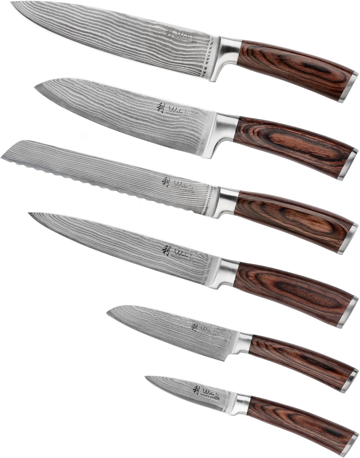 EDIB Magnetic Kitchen Knife Block Set, VG10 Damascus, 3-Piece Knives | Three VG10 Damascus chef knives with 67-layer steel blades, santoku knife set and magnetic knife block, pakkawood handles.