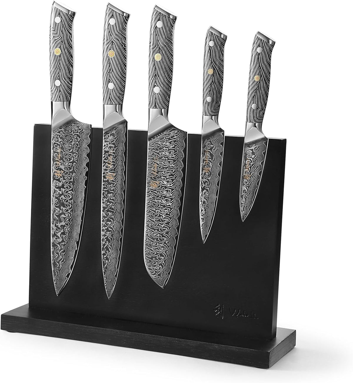 EDIB Magnetic Kitchen Knife Block Set, VG10 Damascus, 3-Piece Knives | Three VG10 Damascus chef knives with 67-layer steel blades, santoku knife set and magnetic knife block, pakkawood handles.