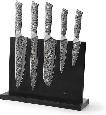 EDIB Magnetic Kitchen Knife Block Set, VG10 Damascus, 3-Piece Knives | Three VG10 Damascus chef knives with 67-layer steel blades, santoku knife set and magnetic knife block, pakkawood handles.