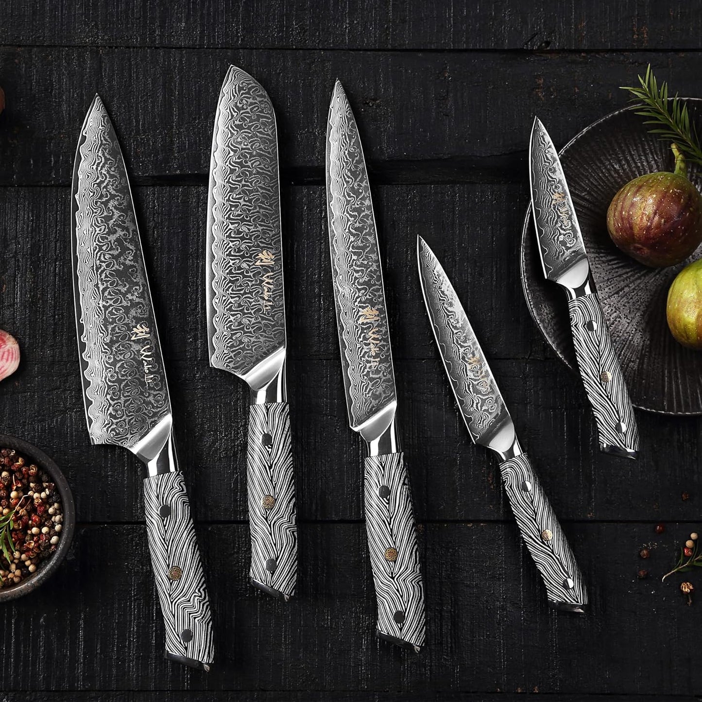 EDIB Magnetic Kitchen Knife Block Set, VG10 Damascus, 3-Piece Knives | Three VG10 Damascus chef knives with 67-layer steel blades, santoku knife set and magnetic knife block, pakkawood handles.