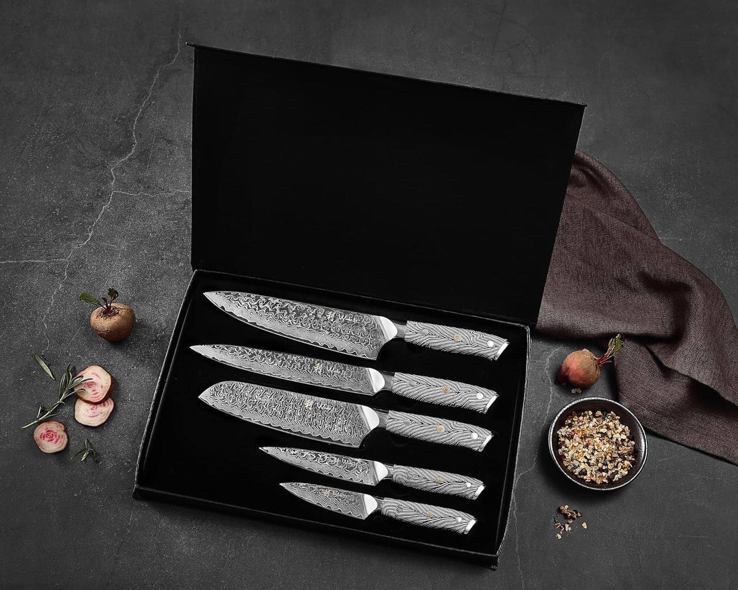 EDIB Magnetic Kitchen Knife Block Set, VG10 Damascus, 3-Piece Knives | Three VG10 Damascus chef knives with 67-layer steel blades, santoku knife set and magnetic knife block, pakkawood handles.