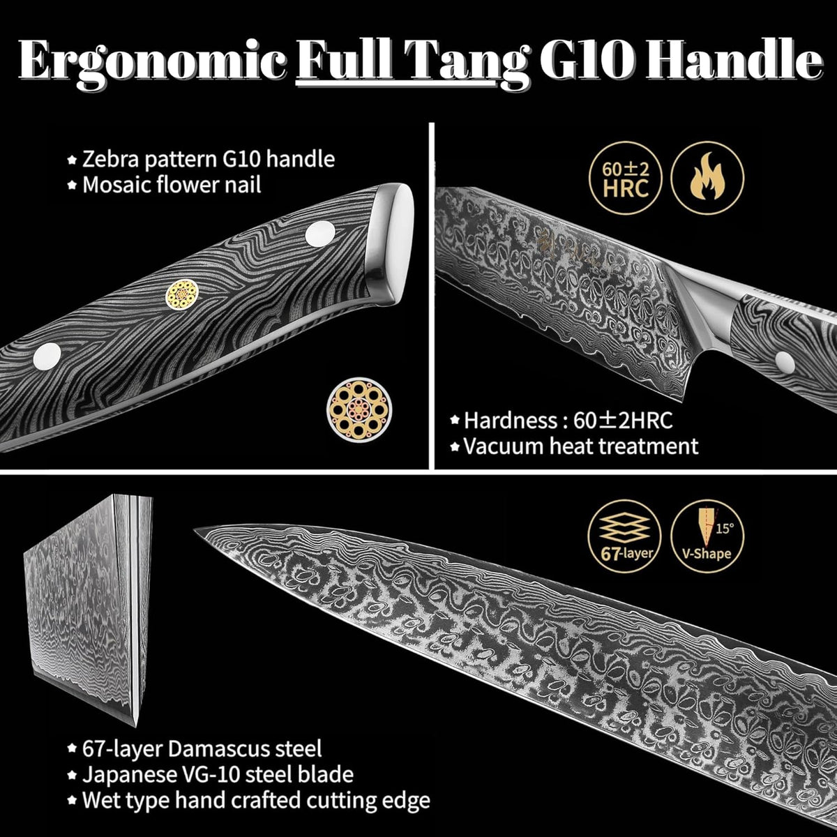 EDIB Magnetic Kitchen Knife Block Set, VG10 Damascus, 3-Piece Knives | Three VG10 Damascus chef knives with 67-layer steel blades, santoku knife set and magnetic knife block, pakkawood handles.