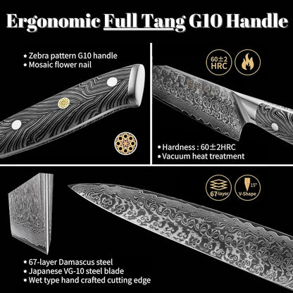 EDIB Magnetic Kitchen Knife Block Set, VG10 Damascus, 3-Piece Knives | Three VG10 Damascus chef knives with 67-layer steel blades, santoku knife set and magnetic knife block, pakkawood handles.
