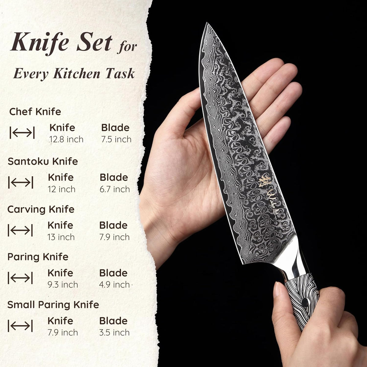 EDIB Magnetic Kitchen Knife Block Set, VG10 Damascus, 3-Piece Knives | Three VG10 Damascus chef knives with 67-layer steel blades, santoku knife set and magnetic knife block, pakkawood handles.