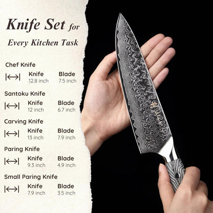 EDIB Magnetic Kitchen Knife Block Set, VG10 Damascus, 3-Piece Knives | Three VG10 Damascus chef knives with 67-layer steel blades, santoku knife set and magnetic knife block, pakkawood handles.