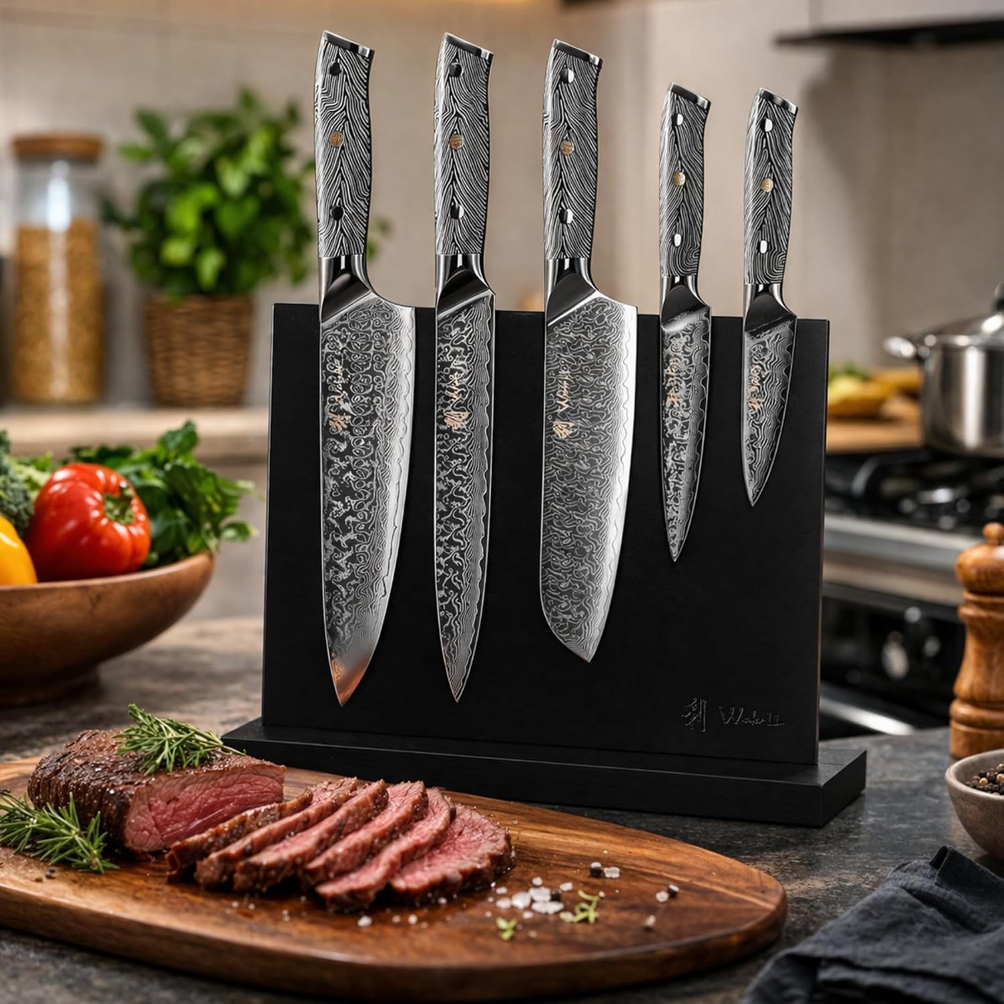 EDIB Magnetic Kitchen Knife Block Set, VG10 Damascus, 3-Piece Knives | Three VG10 Damascus chef knives with 67-layer steel blades, santoku knife set and magnetic knife block, pakkawood handles.