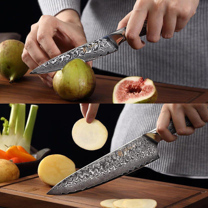 EDIB Magnetic Kitchen Knife Block Set, VG10 Damascus, 3-Piece Knives | Three VG10 Damascus chef knives with 67-layer steel blades, santoku knife set and magnetic knife block, pakkawood handles.