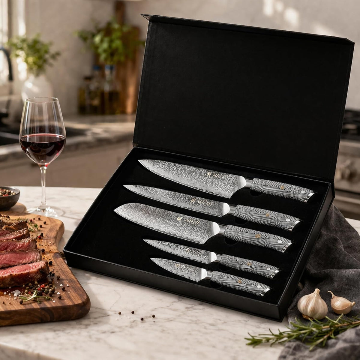 EDIB Magnetic Kitchen Knife Block Set, VG10 Damascus, 3-Piece Knives | Three VG10 Damascus chef knives with 67-layer steel blades, santoku knife set and magnetic knife block, pakkawood handles.