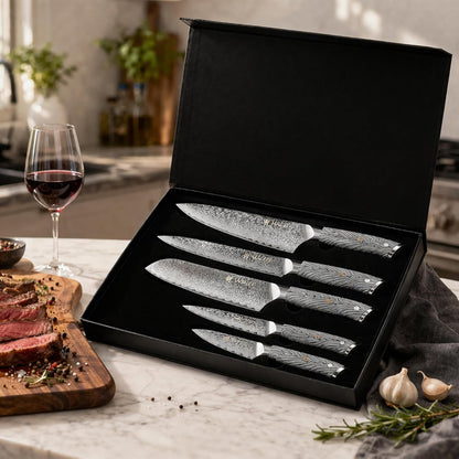 EDIB Magnetic Kitchen Knife Block Set, VG10 Damascus, 3-Piece Knives | Three VG10 Damascus chef knives with 67-layer steel blades, santoku knife set and magnetic knife block, pakkawood handles.