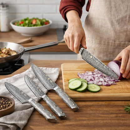 EDIB Magnetic Kitchen Knife Block Set, VG10 Damascus, 3-Piece Knives | Three VG10 Damascus chef knives with 67-layer steel blades, santoku knife set and magnetic knife block, pakkawood handles.