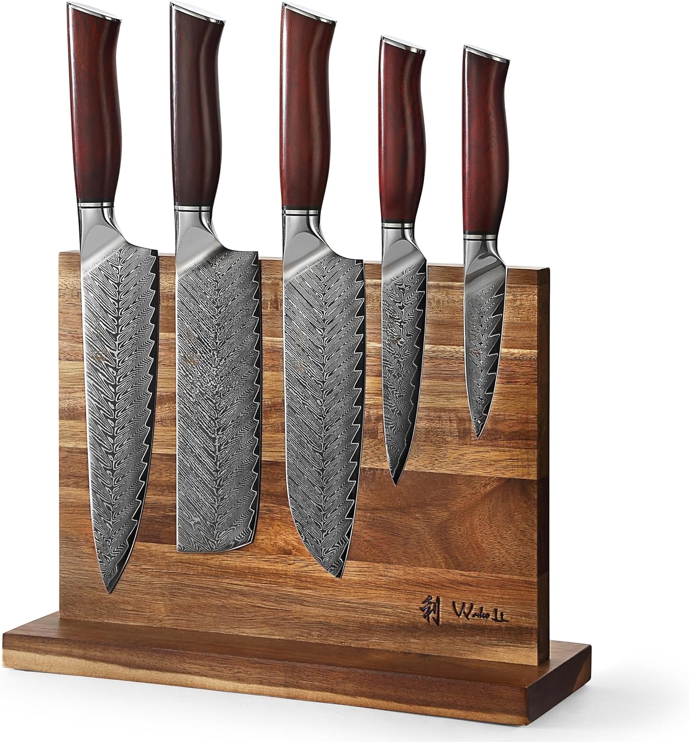 EDIB Magnetic Kitchen Knife Block Set, VG10 Damascus, 3-Piece Knives | Three VG10 Damascus chef knives with 67-layer steel blades, santoku knife set and magnetic knife block, pakkawood handles.