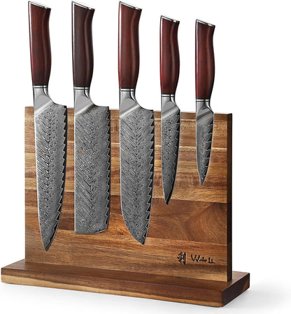 EDIB Magnetic Kitchen Knife Block Set, VG10 Damascus, 3-Piece Knives | Three VG10 Damascus chef knives with 67-layer steel blades, santoku knife set and magnetic knife block, pakkawood handles.