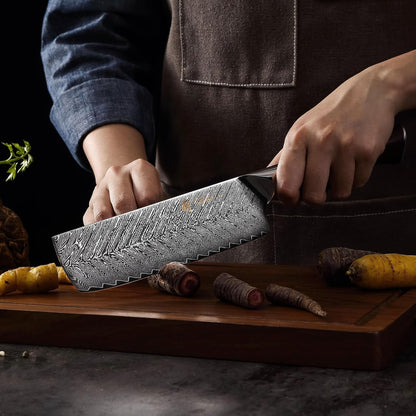 EDIB Magnetic Kitchen Knife Block Set, VG10 Damascus, 3-Piece Knives | Three VG10 Damascus chef knives with 67-layer steel blades, santoku knife set and magnetic knife block, pakkawood handles.