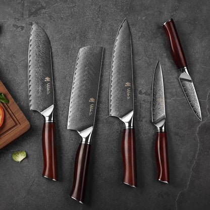 EDIB Magnetic Kitchen Knife Block Set, VG10 Damascus, 3-Piece Knives | Three VG10 Damascus chef knives with 67-layer steel blades, santoku knife set and magnetic knife block, pakkawood handles.