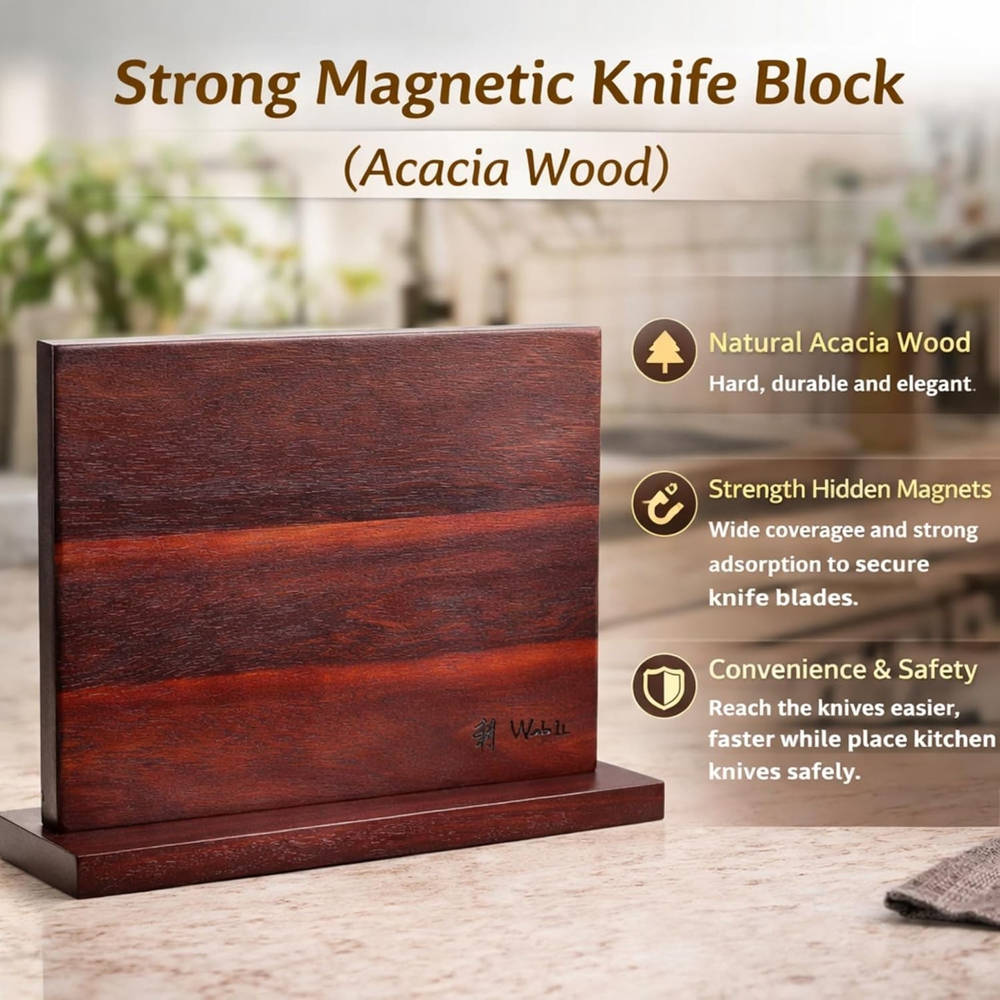 EDIB Magnetic Kitchen Knife Block Set, VG10 Damascus, 3-Piece Knives | Three VG10 Damascus chef knives with 67-layer steel blades, santoku knife set and magnetic knife block, pakkawood handles.