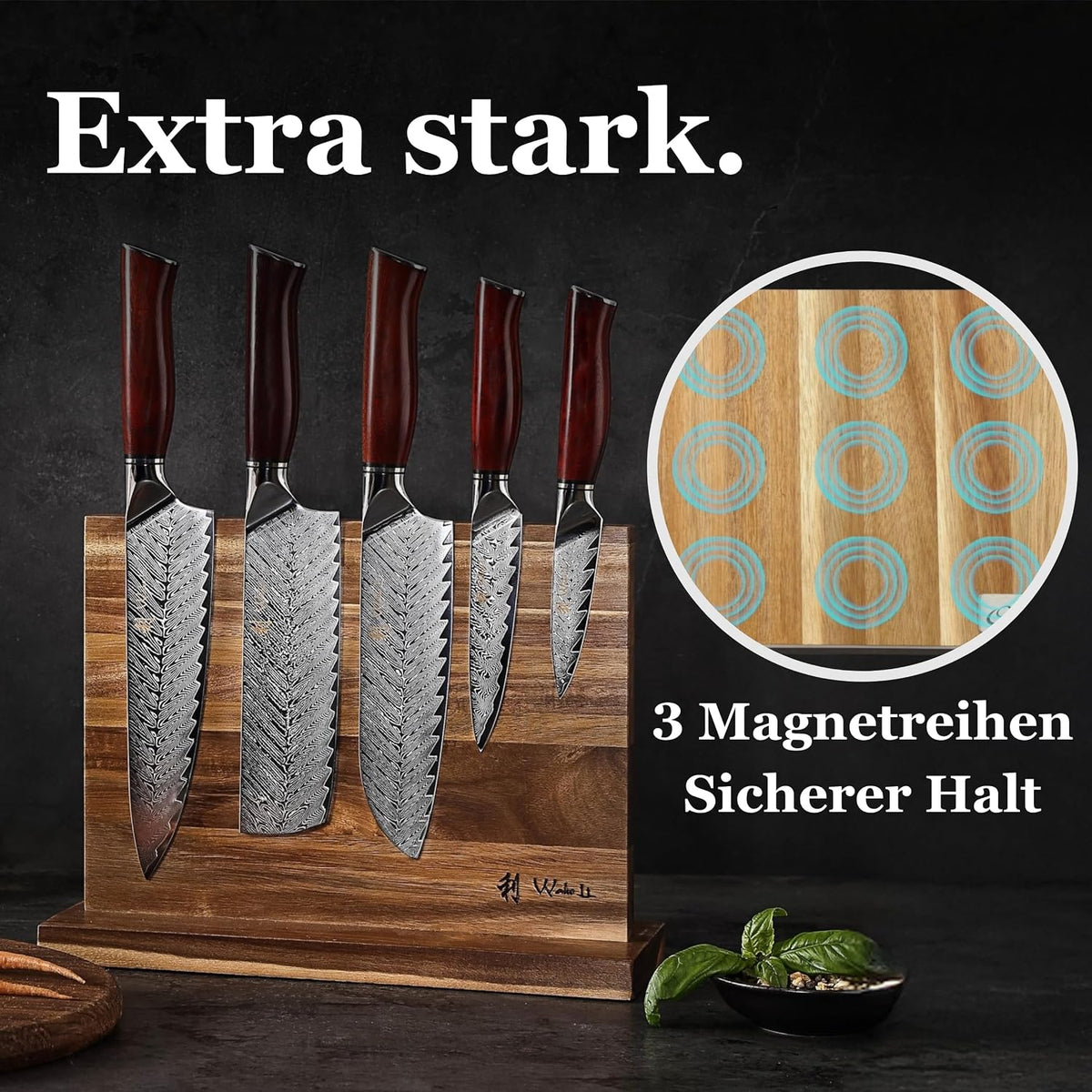 EDIB Magnetic Kitchen Knife Block Set, VG10 Damascus, 3-Piece Knives | Three VG10 Damascus chef knives with 67-layer steel blades, santoku knife set and magnetic knife block, pakkawood handles.
