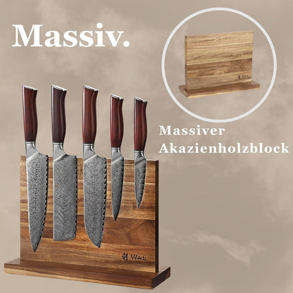 EDIB Magnetic Kitchen Knife Block Set, VG10 Damascus, 3-Piece Knives | Three VG10 Damascus chef knives with 67-layer steel blades, santoku knife set and magnetic knife block, pakkawood handles.