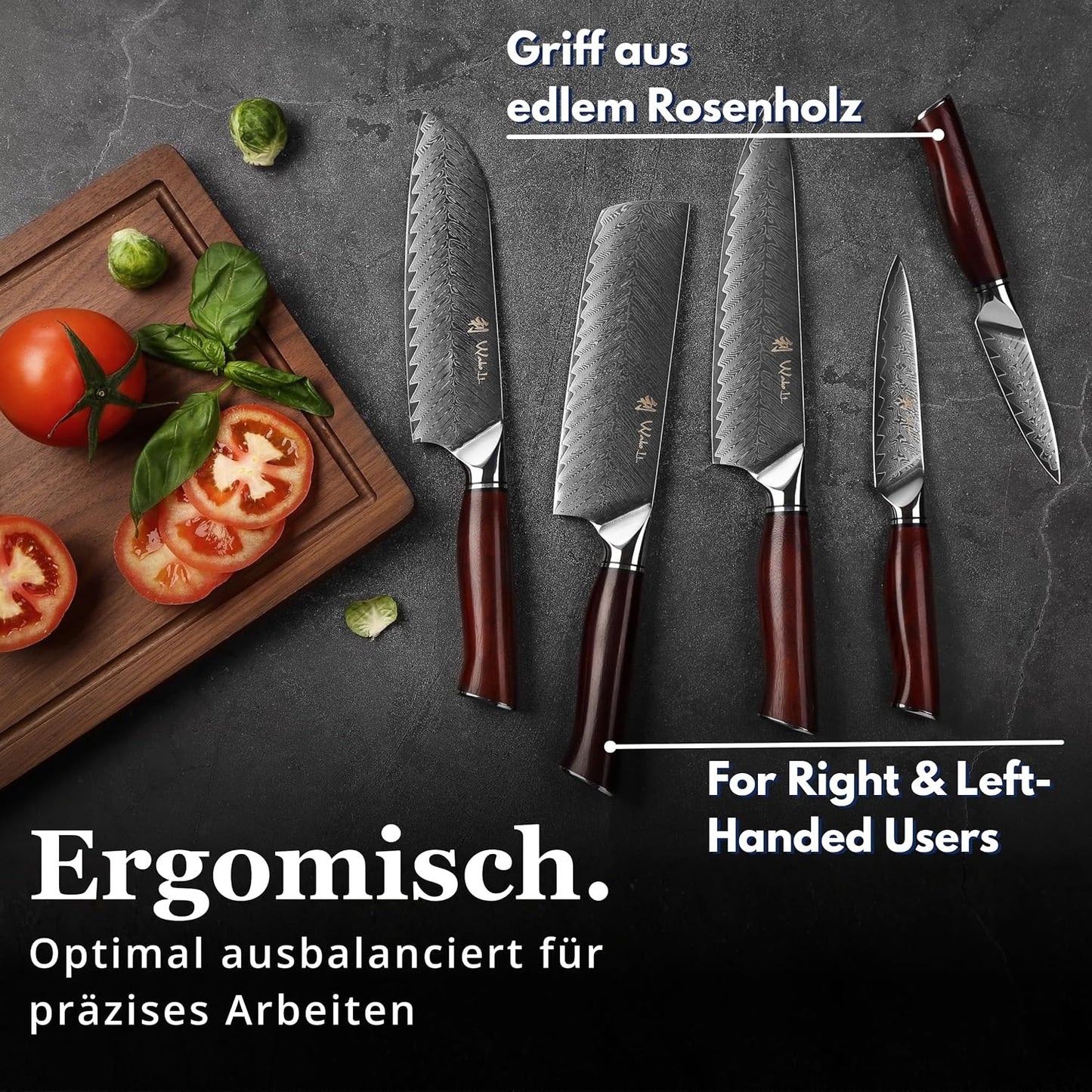 EDIB Magnetic Kitchen Knife Block Set, VG10 Damascus, 3-Piece Knives | Three VG10 Damascus chef knives with 67-layer steel blades, santoku knife set and magnetic knife block, pakkawood handles.