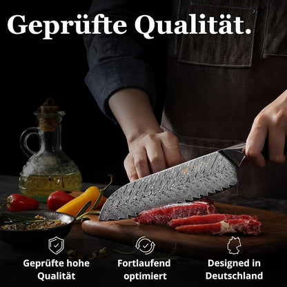 EDIB Magnetic Kitchen Knife Block Set, VG10 Damascus, 3-Piece Knives | Three VG10 Damascus chef knives with 67-layer steel blades, santoku knife set and magnetic knife block, pakkawood handles.