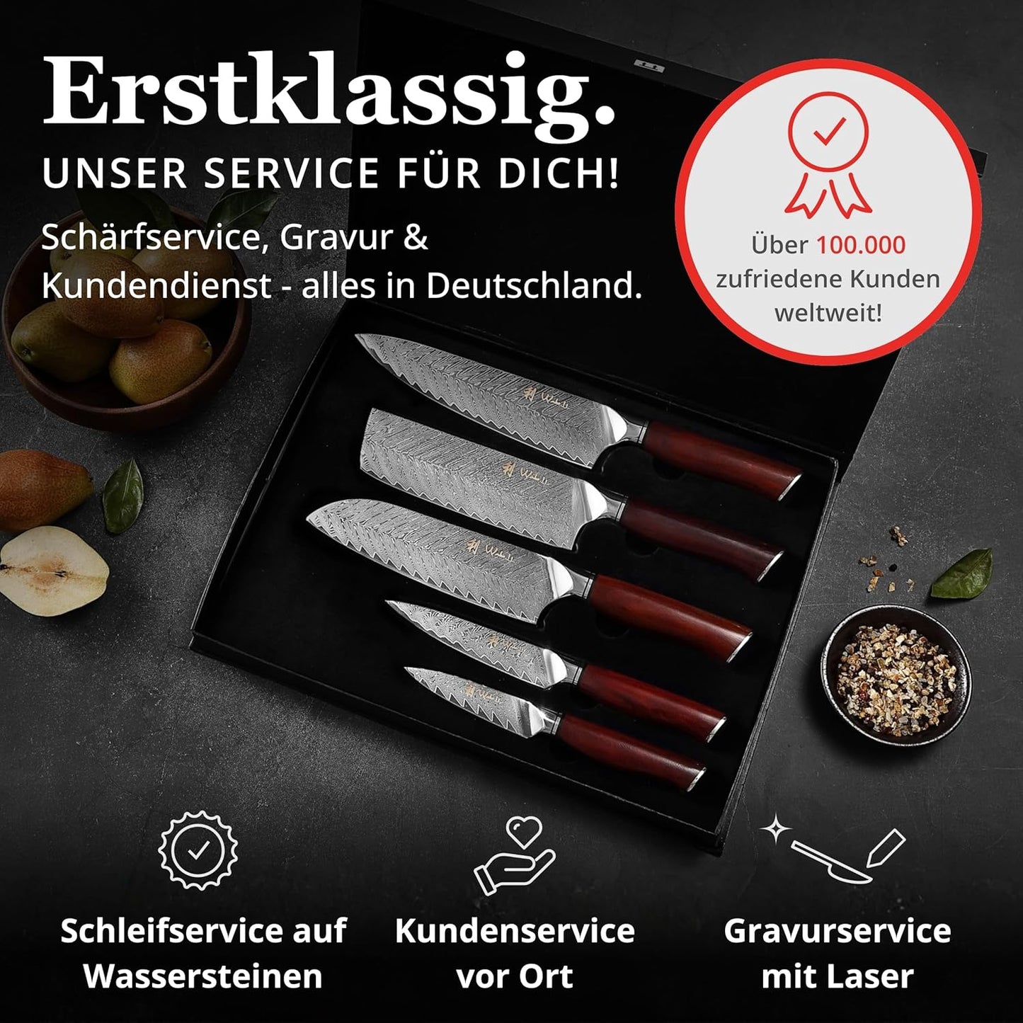 EDIB Magnetic Kitchen Knife Block Set, VG10 Damascus, 3-Piece Knives | Three VG10 Damascus chef knives with 67-layer steel blades, santoku knife set and magnetic knife block, pakkawood handles.