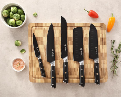 EDIB Magnetic Kitchen Knife Block Set, VG10 Damascus, 3-Piece Knives | Three VG10 Damascus chef knives with 67-layer steel blades, santoku knife set and magnetic knife block, pakkawood handles.