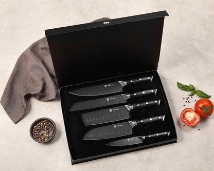 EDIB Magnetic Kitchen Knife Block Set, VG10 Damascus, 3-Piece Knives | Three VG10 Damascus chef knives with 67-layer steel blades, santoku knife set and magnetic knife block, pakkawood handles.