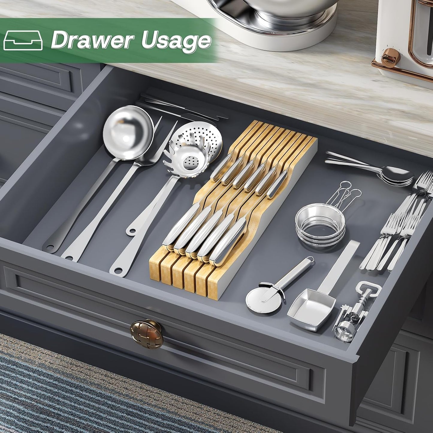 Knife Drawer Organizer (Natural, 15 Knives Organizer)