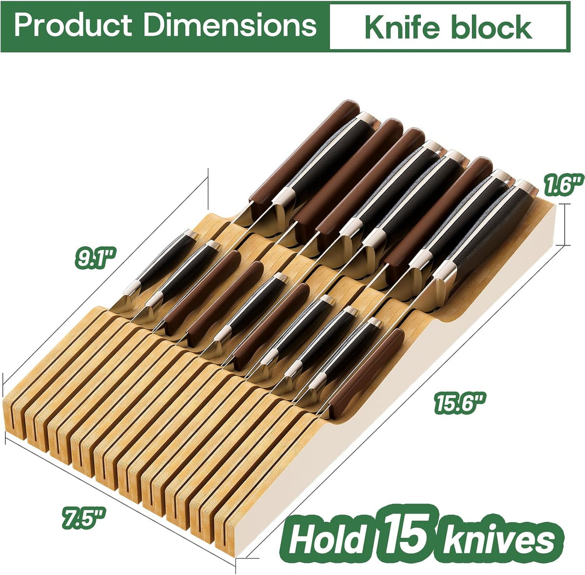 Knife Drawer Organizer (Natural, 15 Knives Organizer)
