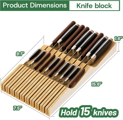 Knife Drawer Organizer (Natural, 15 Knives Organizer)
