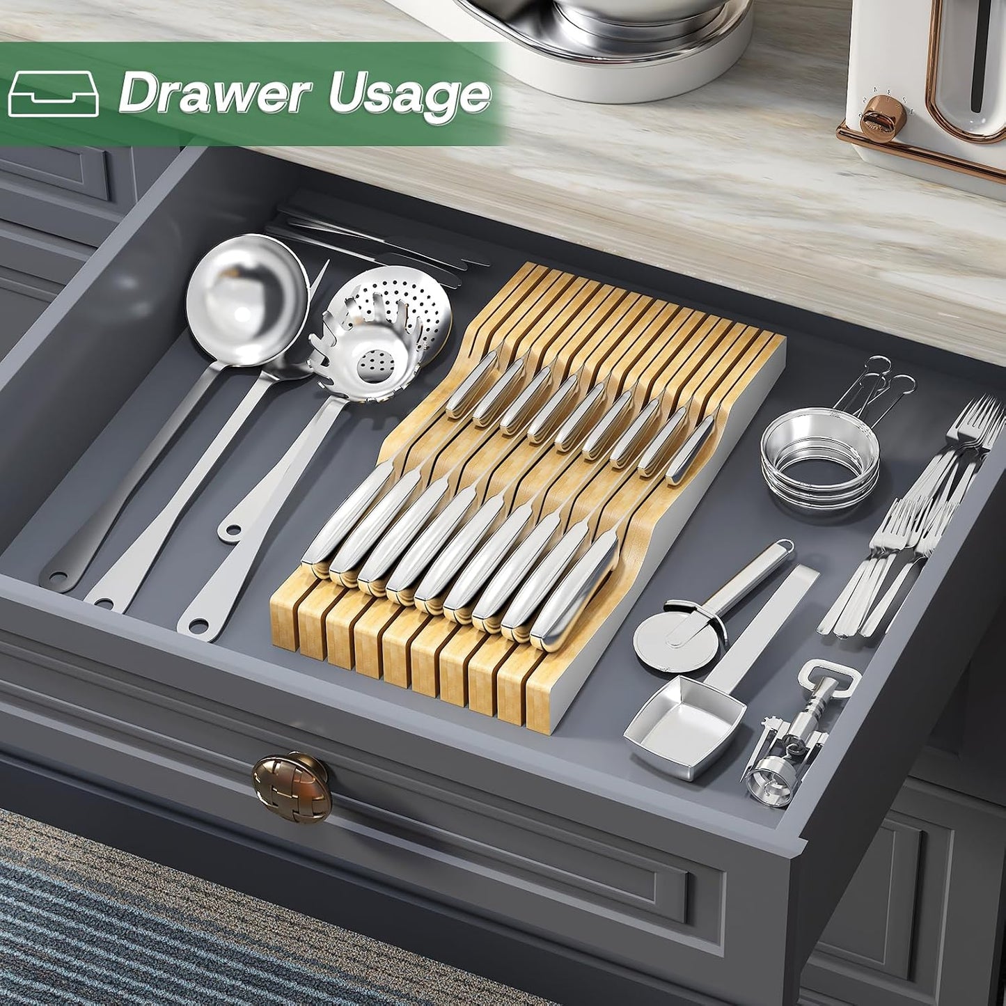 Knife Drawer Organizer (Natural, 15 Knives Organizer)