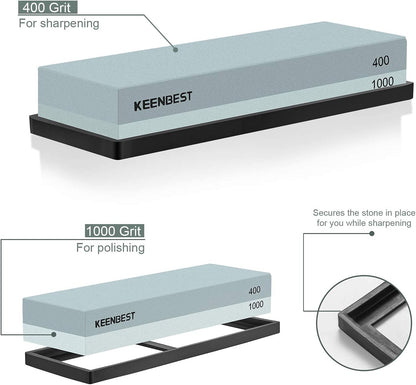 KEENBEST Actual Grit Premium Material Sharpening Stone 2 Side 400 1000 Whetstone Set Kitchen Knife Sharpener Stone Wet Stones for Sharping Knives Kit with Non-slip Rubber Base