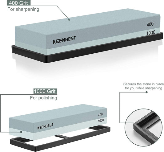 KEENBEST Actual Grit Premium Material Sharpening Stone 2 Side 400 1000 Whetstone Set Kitchen Knife Sharpener Stone Wet Stones for Sharping Knives Kit with Non-slip Rubber Base