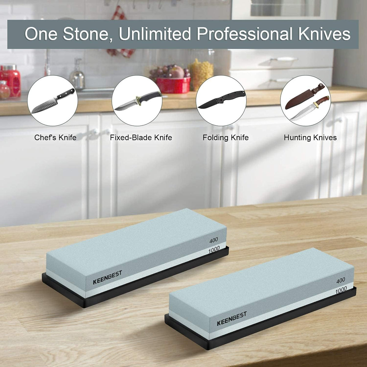 KEENBEST Actual Grit Premium Material Sharpening Stone 2 Side 400 1000 Whetstone Set Kitchen Knife Sharpener Stone Wet Stones for Sharping Knives Kit with Non-slip Rubber Base