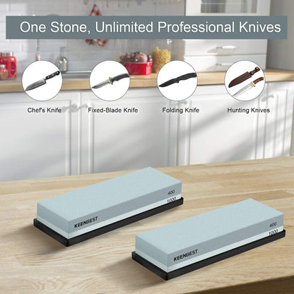 KEENBEST Actual Grit Premium Material Sharpening Stone 2 Side 400 1000 Whetstone Set Kitchen Knife Sharpener Stone Wet Stones for Sharping Knives Kit with Non-slip Rubber Base