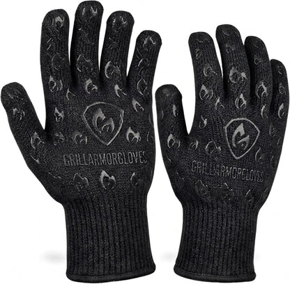 Oven Gloves with Fingers - 932°F Extreme Heat Proof and Cut Resistant Mitts for Kitchen, BBQ, Grill, Baking, Fire Pit - EN407 Certified with Non-Slip Silicone Grip and Cotton Lined for Comfort
