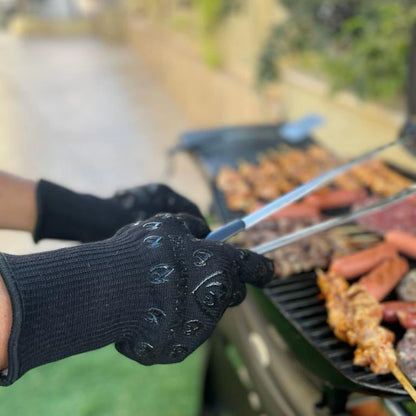 Oven Gloves with Fingers - 932°F Extreme Heat Proof and Cut Resistant Mitts for Kitchen, BBQ, Grill, Baking, Fire Pit - EN407 Certified with Non-Slip Silicone Grip and Cotton Lined for Comfort