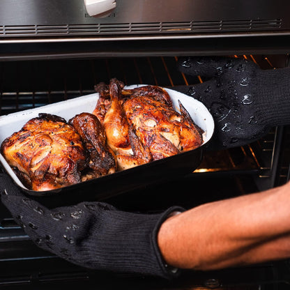 Oven Gloves with Fingers - 932°F Extreme Heat Proof and Cut Resistant Mitts for Kitchen, BBQ, Grill, Baking, Fire Pit - EN407 Certified with Non-Slip Silicone Grip and Cotton Lined for Comfort