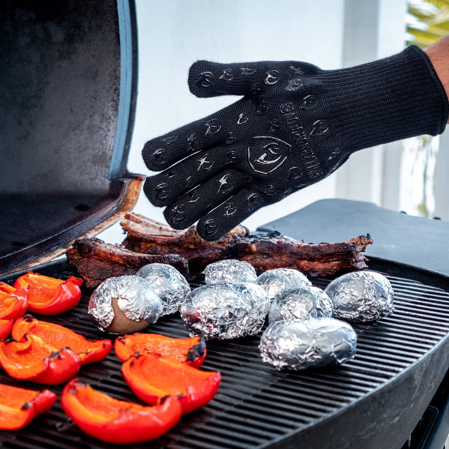 Oven Gloves with Fingers - 932°F Extreme Heat Proof and Cut Resistant Mitts for Kitchen, BBQ, Grill, Baking, Fire Pit - EN407 Certified with Non-Slip Silicone Grip and Cotton Lined for Comfort