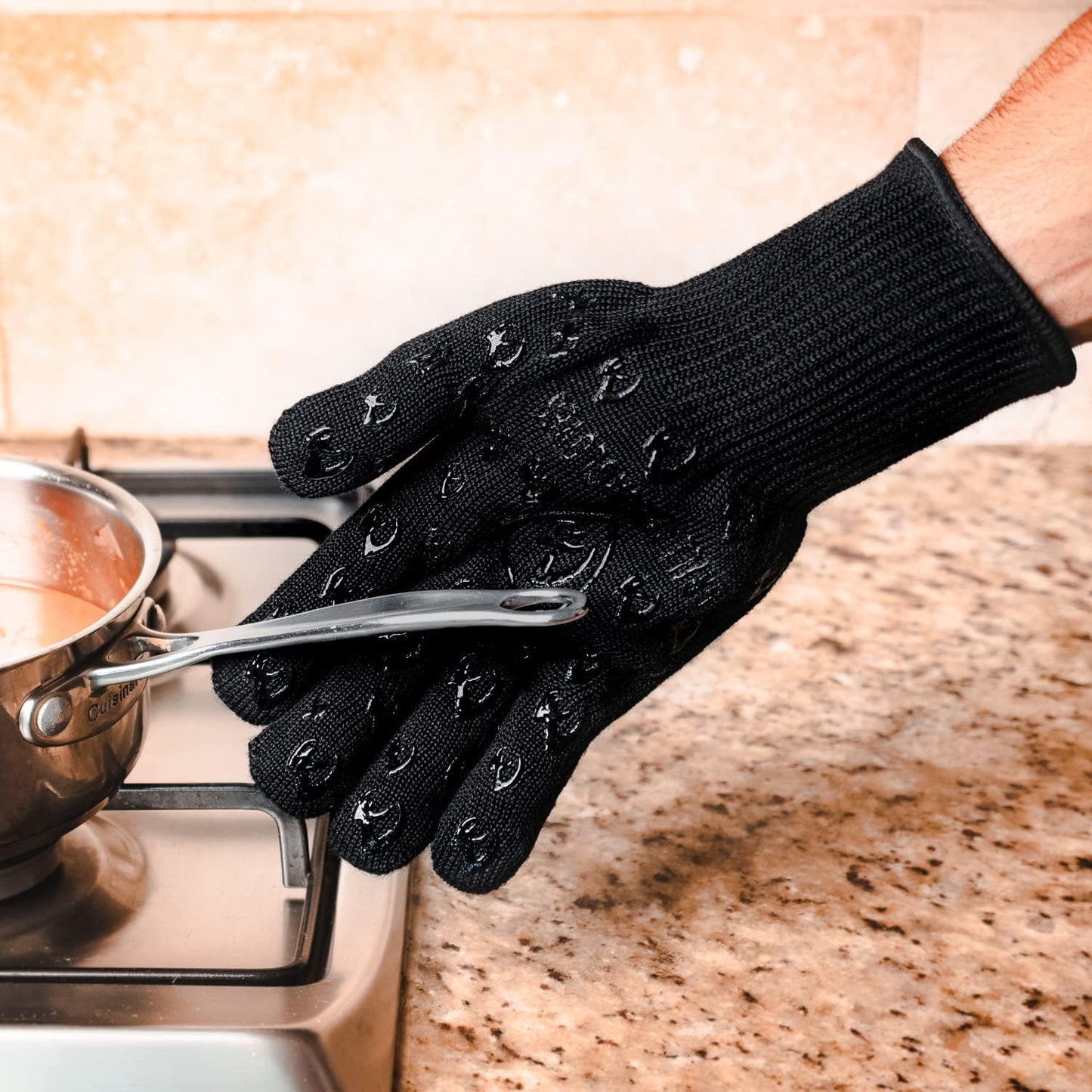Oven Gloves with Fingers - 932°F Extreme Heat Proof and Cut Resistant Mitts for Kitchen, BBQ, Grill, Baking, Fire Pit - EN407 Certified with Non-Slip Silicone Grip and Cotton Lined for Comfort