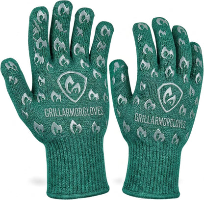 Oven Gloves with Fingers - 932°F Extreme Heat Proof and Cut Resistant Mitts for Kitchen, BBQ, Grill, Baking, Fire Pit - EN407 Certified with Non-Slip Silicone Grip and Cotton Lined for Comfort