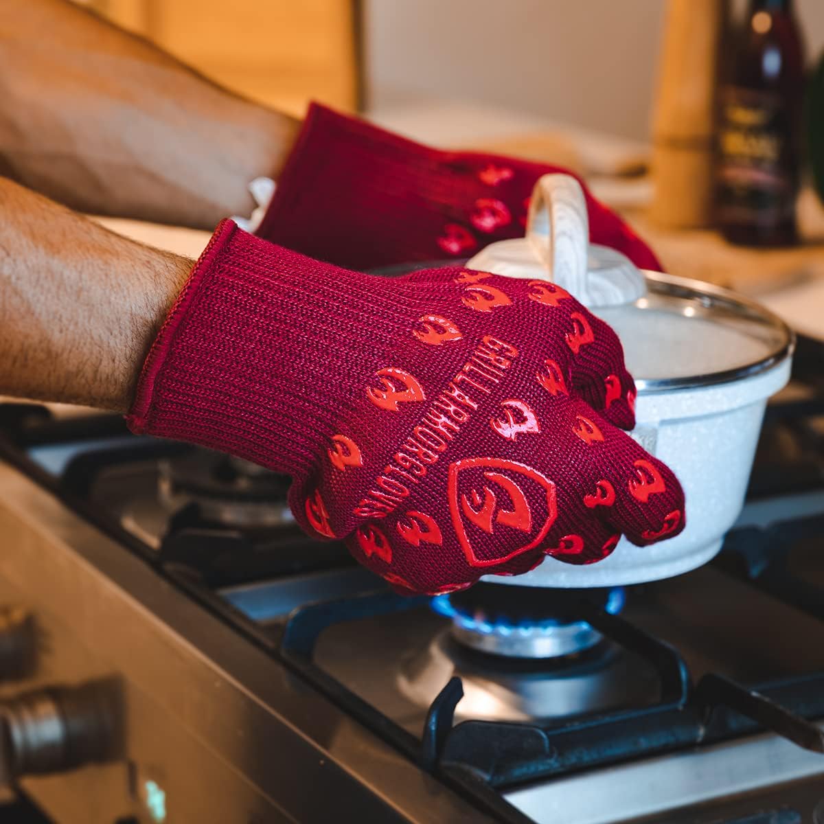 Oven Gloves with Fingers - 932°F Extreme Heat Proof and Cut Resistant Mitts for Kitchen, BBQ, Grill, Baking, Fire Pit - EN407 Certified with Non-Slip Silicone Grip and Cotton Lined for Comfort
