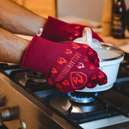 Oven Gloves with Fingers - 932°F Extreme Heat Proof and Cut Resistant Mitts for Kitchen, BBQ, Grill, Baking, Fire Pit - EN407 Certified with Non-Slip Silicone Grip and Cotton Lined for Comfort