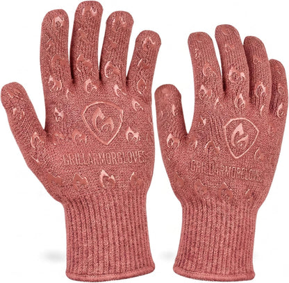 Oven Gloves with Fingers - 932°F Extreme Heat Proof and Cut Resistant Mitts for Kitchen, BBQ, Grill, Baking, Fire Pit - EN407 Certified with Non-Slip Silicone Grip and Cotton Lined for Comfort
