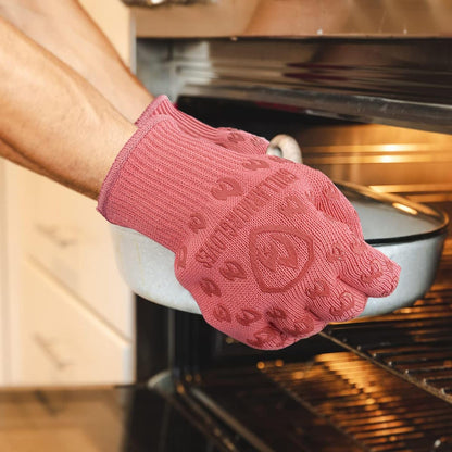 Oven Gloves with Fingers - 932°F Extreme Heat Proof and Cut Resistant Mitts for Kitchen, BBQ, Grill, Baking, Fire Pit - EN407 Certified with Non-Slip Silicone Grip and Cotton Lined for Comfort