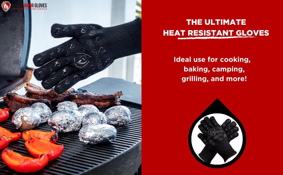 Oven Gloves with Fingers - 932°F Extreme Heat Proof and Cut Resistant Mitts for Kitchen, BBQ, Grill, Baking, Fire Pit - EN407 Certified with Non-Slip Silicone Grip and Cotton Lined for Comfort
