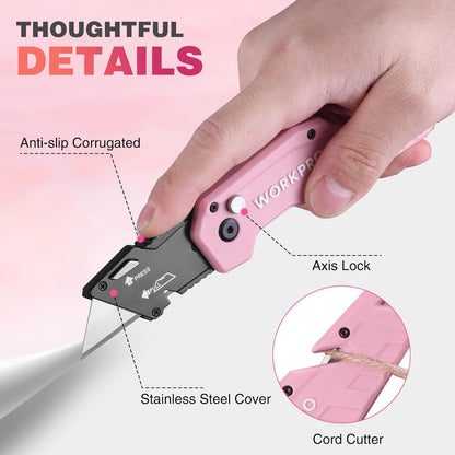Folding Utility Knife, Quick Change Box Cutter | Pink Razor Knife for Cartons, Cardboard, Boxes, 10 Extra Blades Included - Pink Ribbon