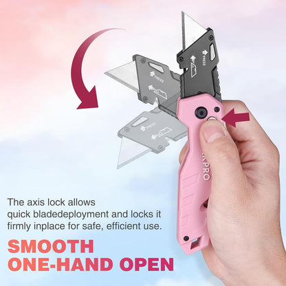 Folding Utility Knife, Quick Change Box Cutter | Pink Razor Knife for Cartons, Cardboard, Boxes, 10 Extra Blades Included - Pink Ribbon