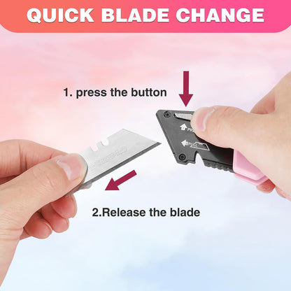 Folding Utility Knife, Quick Change Box Cutter | Pink Razor Knife for Cartons, Cardboard, Boxes, 10 Extra Blades Included - Pink Ribbon