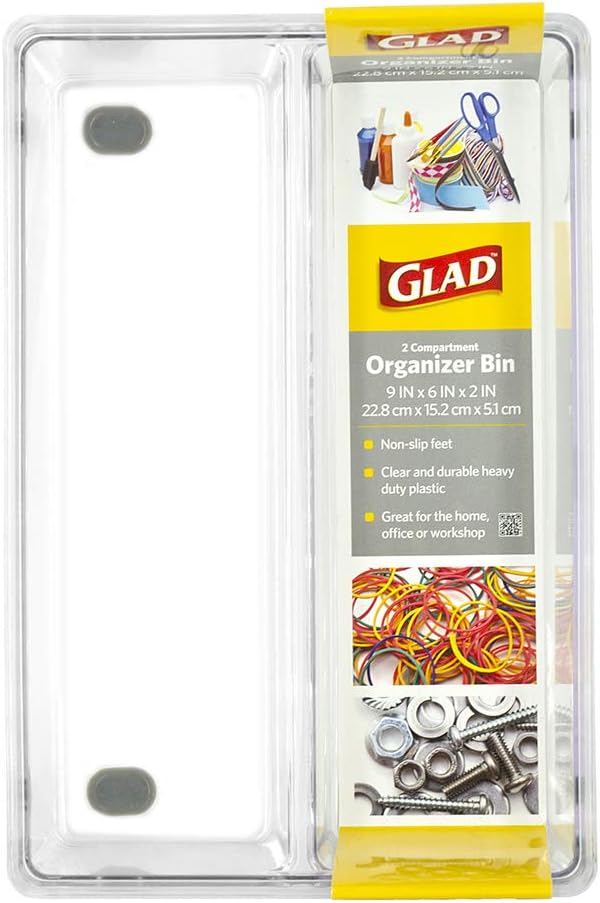 Glad Plastic Drawer Storage Tray – Heavy Duty Organizer Bin for Home, Kitchen, Bath, Bedroom, Office | Non-Slip Feet, 13" x 3.25", Clear