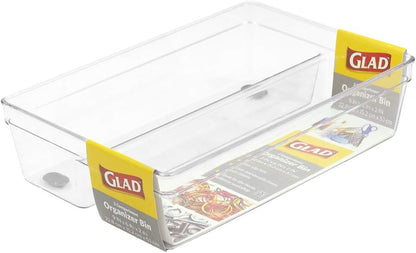 Glad Plastic Drawer Storage Tray – Heavy Duty Organizer Bin for Home, Kitchen, Bath, Bedroom, Office | Non-Slip Feet, 13" x 3.25", Clear